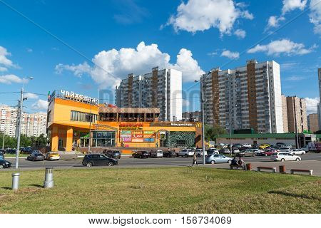 Moscow, Russia - July 09.2016. cityscape with Chayhona number 1 - a network of Uzbek food restaurants in Mitino