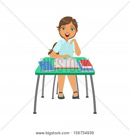 Schoolgirl Sitting Behind The Desk In School Class Very Interested Illustration, Part Of Scholars Studying Vector Collection.. Happy Teenage Student In Uniform Having Good Time At Studies.