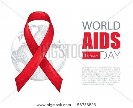 Vector illustration with red ribbon and earth planet isolated on white background. AIDS Awareness symbol in line drawing style. Design for world AIDS day 1 December with world map, ribbon and text.