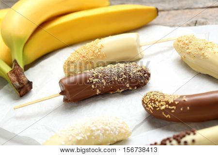 Banana Covered In Chocolate On A Pergament