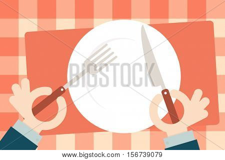 Man holding fork and spoon with empty plate. Flat vector image. Top view