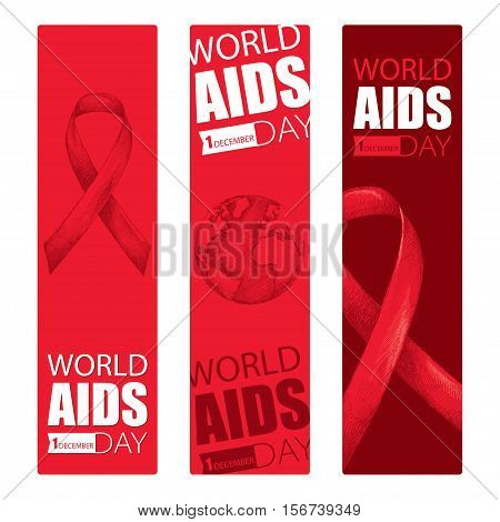 Vector design set with vertical banner with red ribbon and earth planet. AIDS Awareness symbols in sketch and line art style. Collection templates for AIDS day 1 December with ribbons and world map.