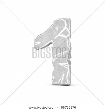 3D rendering of stone number 1 isolated on white background. Figures and symbols. Cracked surface. Textured materials. Rock alphabet.