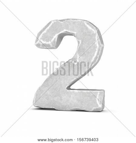3D rendering of stone number 2 isolated on white background. Figures and symbols. Cracked surface. Textured materials. Rock alphabet.