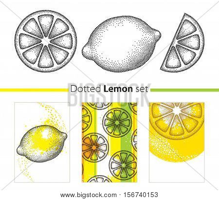 Vector dotted set with lemon, lemon slice and cards isolated on white background. Fruits elements in trendy dotwork style. Summer background and design templates with decorative dotted citrus.