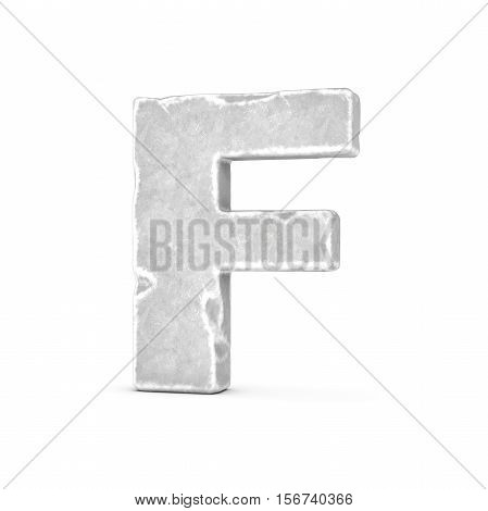 3D rendering of stone letter F isolated on white background. Figures and symbols. Cracked surface. Textured materials. Rock alphabet.