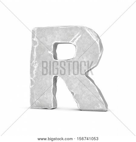 3D rendering of stone letter R isolated on white background. Figures and symbols. Cracked surface. Textured materials. Rock alphabet.