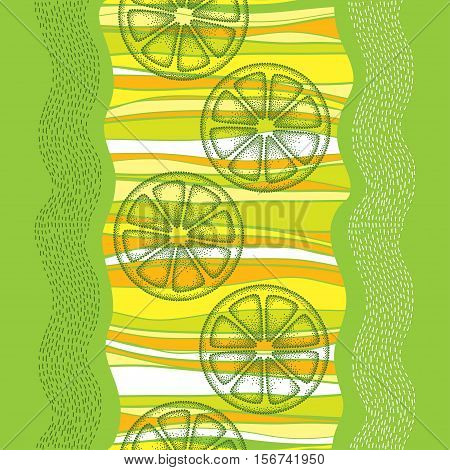 Vector seamless pattern with dotted green lemon slice on the colorful striped background. Decor with fruit elements in dotwork style. Summer background with decorative dotted citrus and stripes.