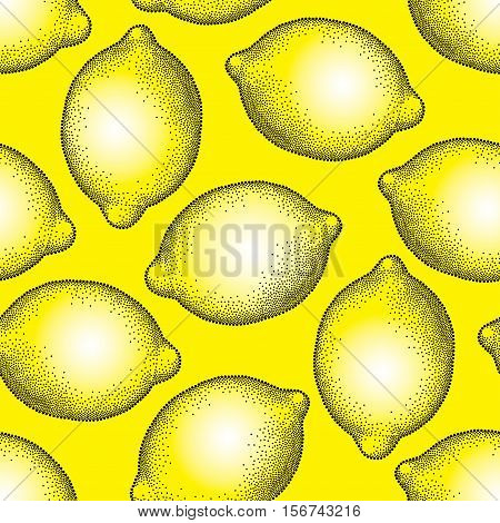 Vector seamless pattern with dotted lemon fruit in black on the yellow background. Fruits elements in dotwork style. Summer background with decorative dotted citrus.