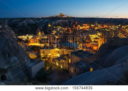 Goreme town in the night in Cappadocia Central AnatoliaTurkey