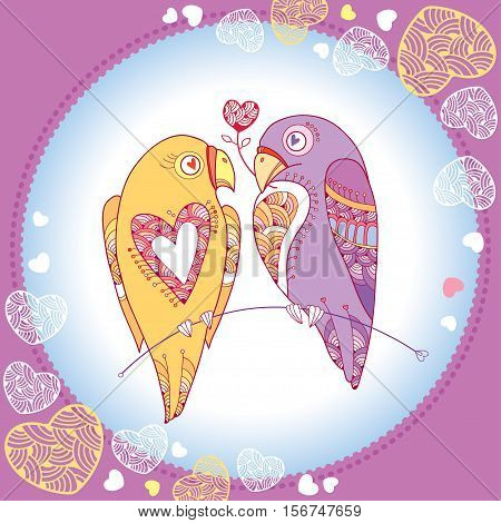 Vector cute parrots couple in love in the frame with ornate hearts. Outline birds and round frame with hearts on the purple background. Design elements and holiday symbols for Valentine day and greeting cards.