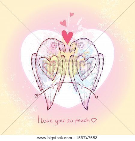 Vector Valentine parrot couple in dotwork style. Dotted couple of parrots in love in pastel and heart on pink and yellow background. Holiday design with birds and heart for Valentines decor.