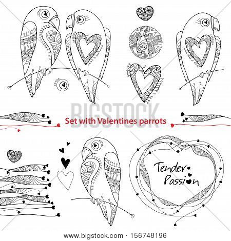 Vector Valentine day set in contour style. Outline couple of parrots in love, ornate hearts and frame isolated on white background. Holiday symbols and line art templates for Valentines design.