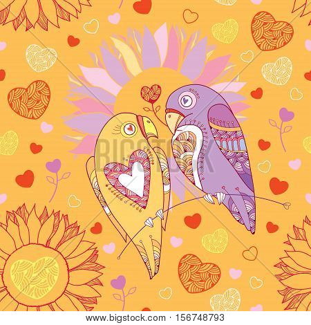 Vector seamless pattern with ornate parrot couple and flowers on the orange background with hearts. Design elements and holiday symbols in contour style for Valentine day. Romantic background with cute parrots and hearts.