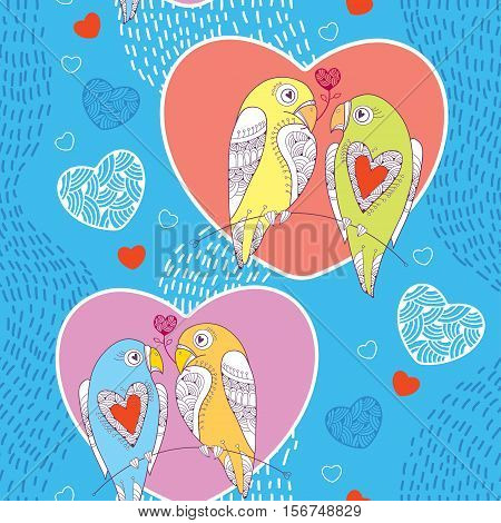 Vector seamless pattern with ornate parrot couple and heart on the blue striped background. Design elements and holiday symbols in contour style for Valentine day. Romantic background with cute parrots.