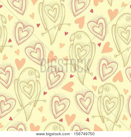 Vector seamless pattern with dotted parrots and pink hearts on the beige background. Design elements and holiday symbols in dotwork style. Elegance background with parrot and heart for Valentine day.