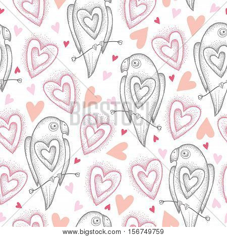 Vector seamless pattern with dotted parrots and pink hearts on the white background. Design elements and holiday symbols in dotwork style. Elegance background with parrot and heart for Valentine day.