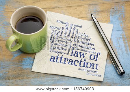 law of attraction word cloud on a napkin with cup of coffee