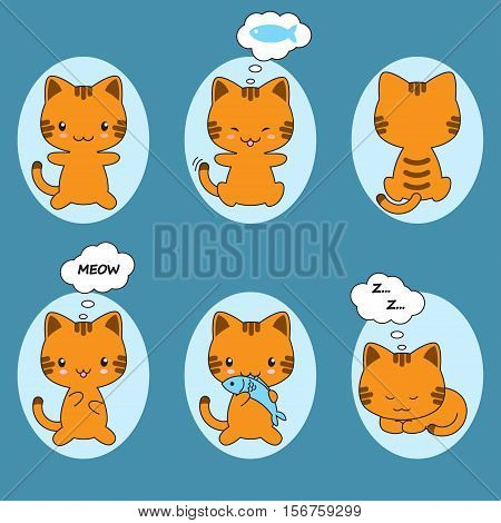 Set of cute cat stickers. Cartoon cat character. Vector illustration