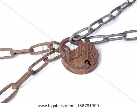 Metal chain and lock on the white background        