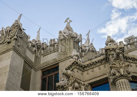 Kiev, Ukraine - May 25, 2013: House with Chimaeras or Horodecki House Art Nouveau building in downtown with Gargoyles