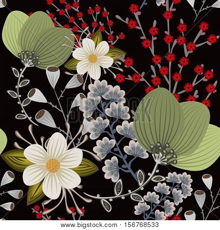 Floral seamless pattern. Hand drawn creative flower. Colorful artistic background with blossom. Abstract herb. It can be used for wallpaper textiles wrapping card. Vector illustration eps10