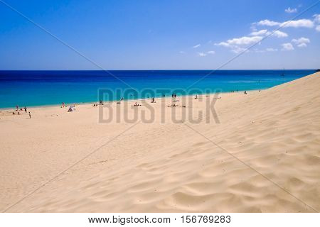 View from above on the beach Playa de Morro Jable on the Canay Island Fuerteventura Spain.