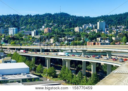 West hills view in Portland Oregon with stopped traffic on I-405