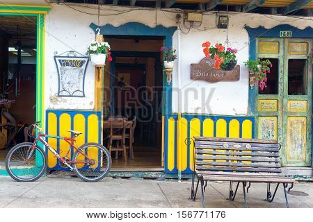 SALENTO COLOMBIA - JUNE 8: Bicycle in front of old historic building in Salento Colombia on June 8 2016