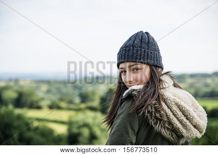 Woman Smiling Mountain Carefree Cloudscape Concept