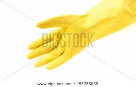 Yellow rubber gloves for cleaning on white background workhouse concept