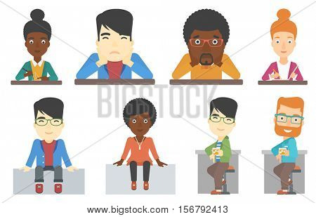 Young happy man sitting at bar counter. Man with glass of alcoholic beverage in bar. Cheerful man drinking whiskey at bar counter. Set of vector flat design illustrations isolated on white background.