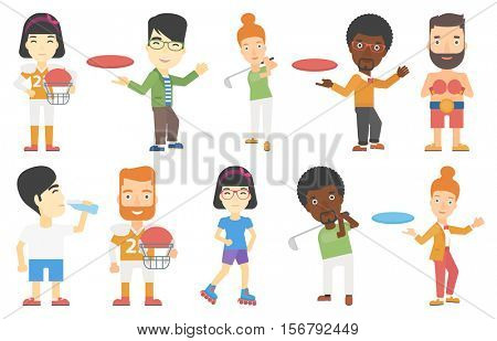Young man playing flying disc. Man throwing flying disc. Woman catching flying disc. People having fun while playing flying disk. Set of vector flat design illustrations isolated on white background.