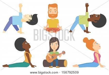 Man practicing yoga upward dog pose. Woman meditating in yoga upward dog position. Man doing yoga. Man sitting in yoga lotus pose. Set of vector flat design illustrations isolated on white background.