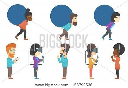 Young gamer wearing virtual reality headset and gamer gloves. Gamer using virtual reality glasses and playing virtual video game. Set of vector flat design illustrations isolated on white background.