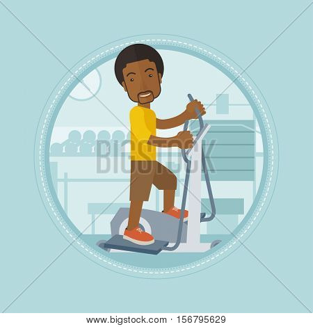 African man riding stationary bicycle. Man exercising on stationary training bicycle. Man training on stationary bicycle in gym. Vector flat design illustration in the circle isolated on background.