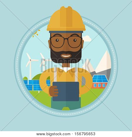 African-american worker of solar power plant. Worker with tablet computer at solar power plant. Worker checking solar panel setup. Vector flat design illustration in the circle isolated on background.