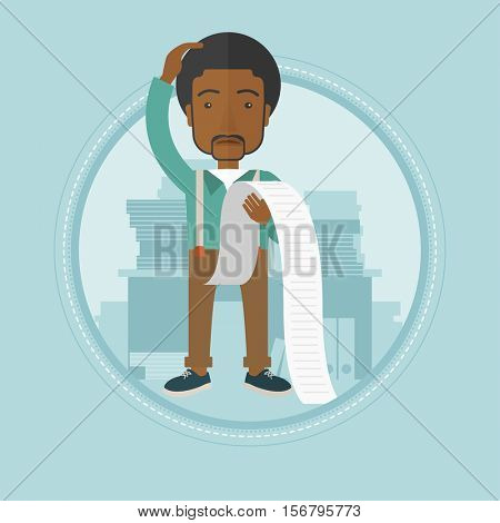 An african-american businessman bankrupt holding a long bill in office. Disappointed businessman bankrupt looking at long bill. Vector flat design illustration in the circle isolated on background.