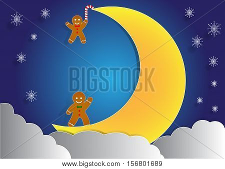 ginger bread with big moon and cloud background christmas background vector copy space for text illustration paper art and origami style