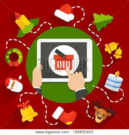 Vector illustration of choosing a Christmas or New Year gift online store with a tablet