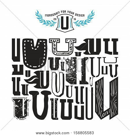 Stock vector set of monograms and initial letter U. Isolated on white background