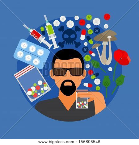 Drugs poster, man with pills on blue background. Vector illustration