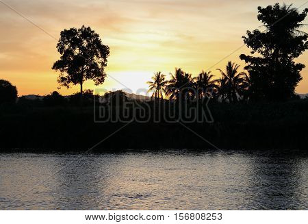sky in sunset cloud colorful beautiful with silhouette motion tree woodland and river reflect in evening on nature : with copy space for add text.