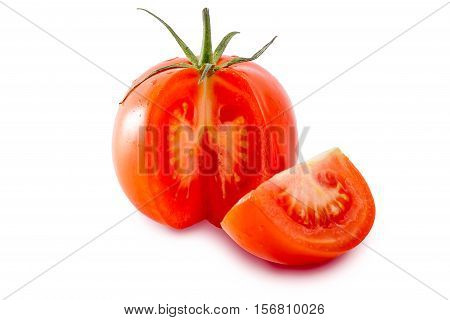 Tomato and a slice of tomato on white background