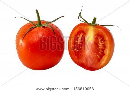 Tomato and a slice of tomato on white background isolated