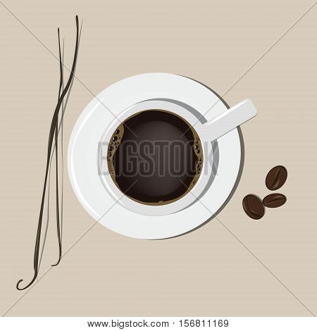 A cup of coffee. The stick of vanilla and cocoa beans. Vector