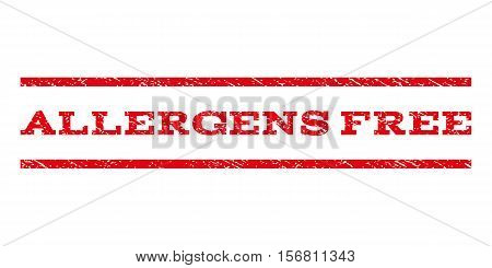 Allergens Free watermark stamp. Text tag between parallel lines with grunge design style. Rubber seal stamp with scratched texture. Vector red color ink imprint on a white background.