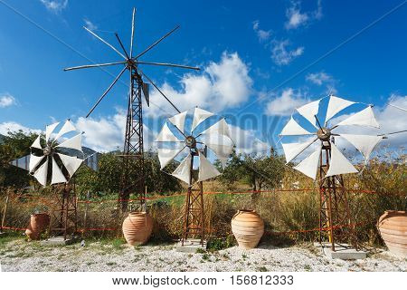 Windmills on the plateau of Lassithi in Crete Greece