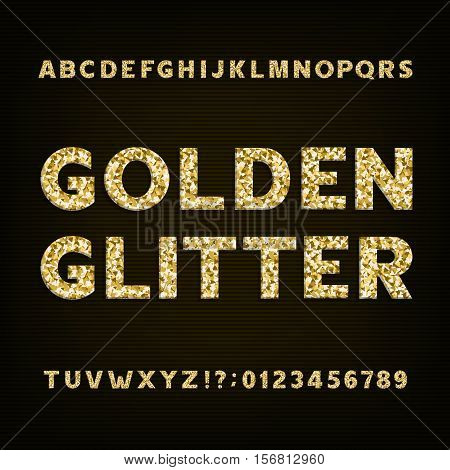 Golden glitter alphabet font. Bold letters numbers and symbols. Stock vector typeface for your design.