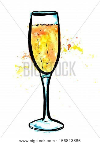 A vector, pen and ink, and watercolor drawing of a flute glass of sparkling wine, hand painted on white background